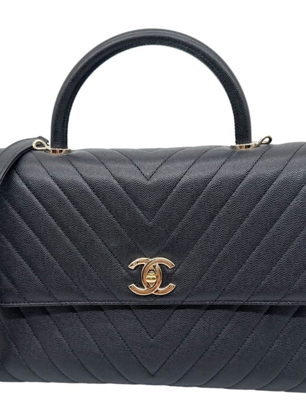 Chanel  Coco Handle Flap Medium Quilted Chevron Caviar Leather Crossbody Bag Bla